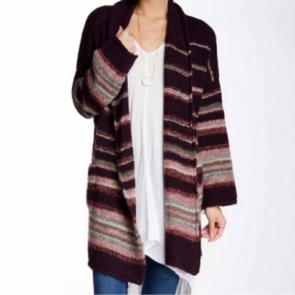 Free People Sweater Purple Striped Alpaca Wool Blend Cardigan Coat Sz M NEW - Picture 2 of 13